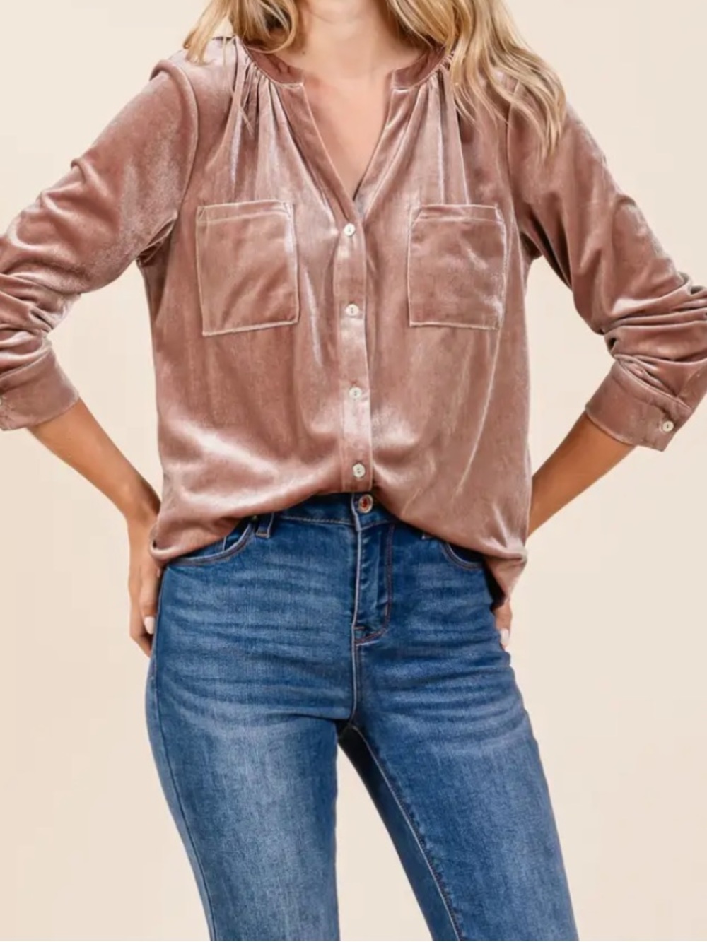 Relaxed Velvet Button-Down Shirt in Rose Taupe